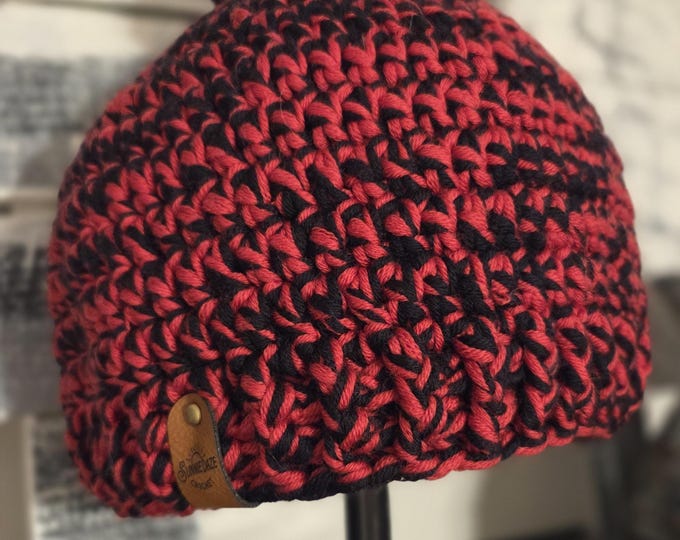 Red and Black Adult Chunky Wool Crochet Beanie with pom