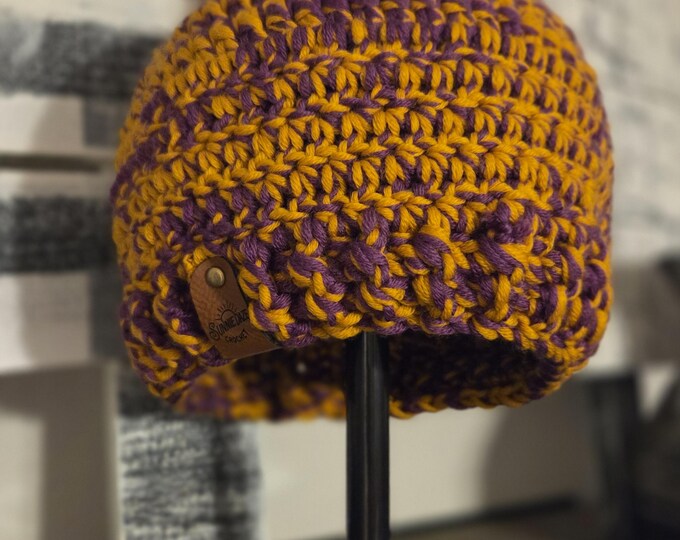 Purple and Gold Teen/Adult Chunky Wool Crochet Beanie with pom