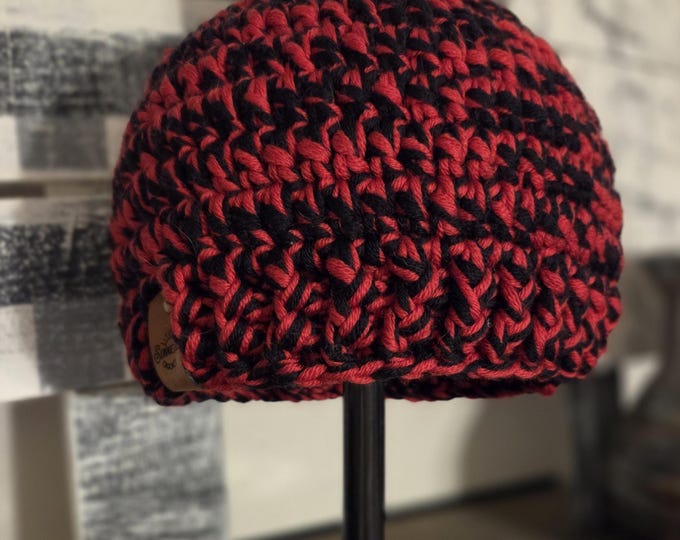 Red and Black Youth Chunky Wool Crochet Beanie with pom