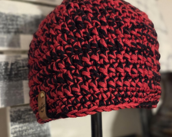 Red and Black Adult Chunky Wool Crochet Beanie with pom