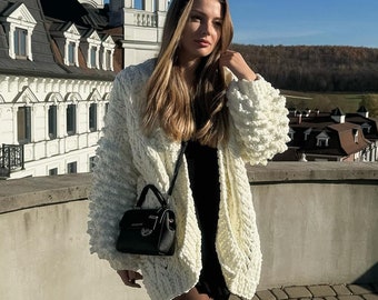 Marshmallow Blanket Cardigan -Women's Bomber Jacket Chunky Knit Oversized Crochet Sweater