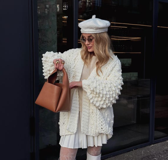 Casual Long Sleeve off White Cardigan Open Front Crochet Chunky