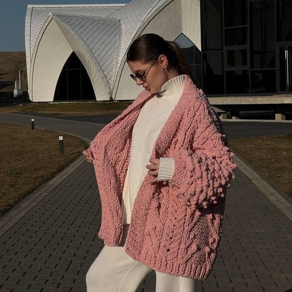 Hand Knit Pink Chunky Cardigan: Cable Knit Popcorn Sweater for