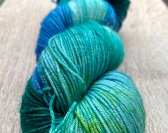Hand dyed super wash merino sock yarn, sock wool, greens, blues, sock knitting