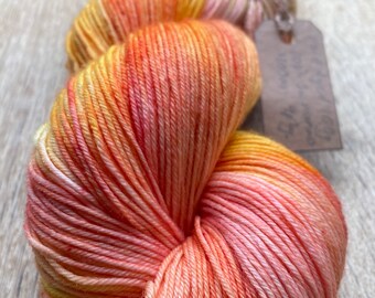 Hand dyed super wash merino 4ply, fingering, orange, green, pink, blush, speckled