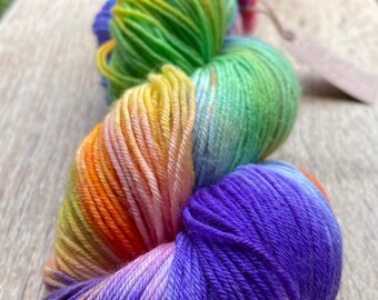 Hand dyed sock yarn, rainbow, sock knitting, super wash merino, nylon, sock yarn