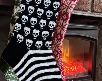 Hand knit stocking, heirloom, Christmas stocking, black, white, custom name, personalised, knitting, merino yarn, gift, skulls, stripes