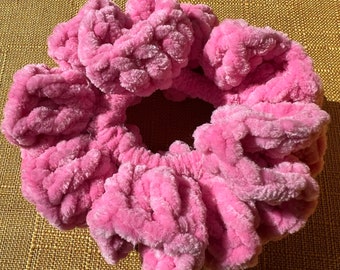 hand crocheted beach colour hair scrunchie, pastels, hair accessorie, summer hair, crochet hair, velvet yarn, pink