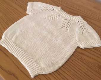 Baby hand knit short sleeve jumper, vest, sweater, lacy jumper, cream, merino, soft knit