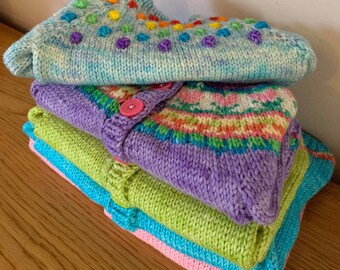 Hand knit cardigans, baby girl, toddler, girl knits, flowers, sheep, sweater, jumper, ready to ship