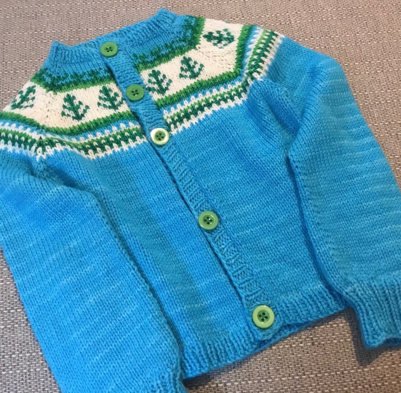 ready to post turquoise green toddler knit Hand knit Christmas tree buttoned cardigan