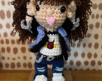 crochet art doll, metal head, rock star, guitar, dungeons, dragons, display figure