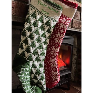 Hand knit green stocking, heirloom, Christmas stocking, red, toadstools, custom name, personalised, knitting, merino yarn, gift, traditional