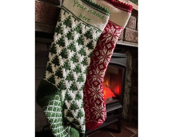 Hand knit green stocking, heirloom, Christmas stocking, red, toadstools, custom name, personalised, knitting, merino yarn, gift, traditional