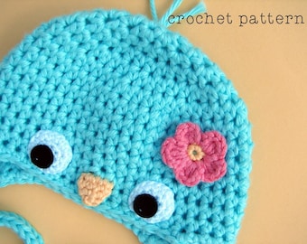 PDF Crochet Pattern, Baby Bluebird Hat w Flower, Earflap Hat or a Beanie, Sizes Newborn to Teen, Make an Adorable Costume or Photoprop :D