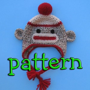 PDF Crochet Pattern, Sock Monkey Hat with Earflaps, Braids, and Pompom or Flower, Newborn to Teen Size, Instant Download