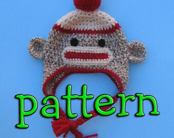 PDF Crochet Pattern, Sock Monkey Hat with Earflaps, Braids, and Pompom or Flower, Newborn to Teen Size, Instant Download