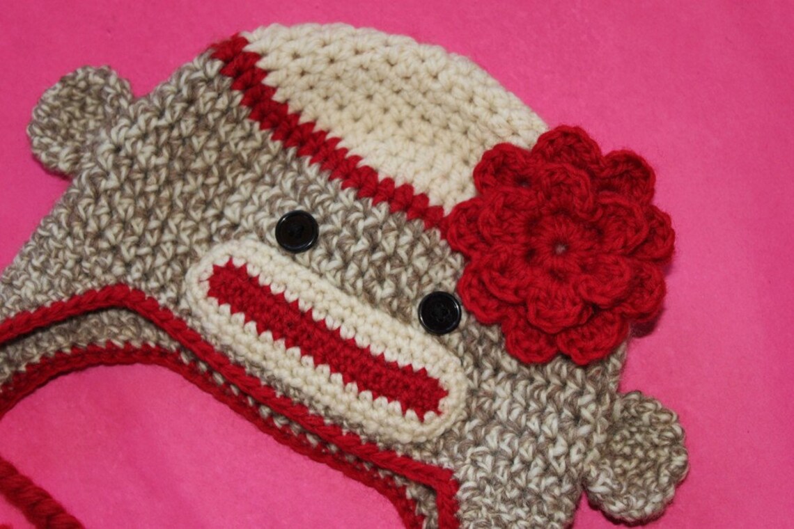 PDF Crochet Pattern Sock Monkey Hat With Earflaps Braids Etsy