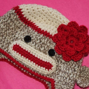 PDF Crochet Pattern, Sock Monkey Hat with Earflaps, Braids, and Pompom or Flower, Newborn to Teen Size, Sell What you Make image 3