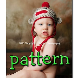 PDF Crochet Pattern, Sock Monkey Hat with Earflaps, Braids, and Pompom or Flower, Newborn to Teen Size, Sell What you Make image 1