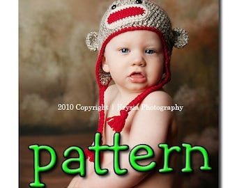 PDF Crochet Pattern, Sock Monkey Hat with Earflaps, Braids, and Pompom or Flower, Newborn to Teen Size, Sell What you Make