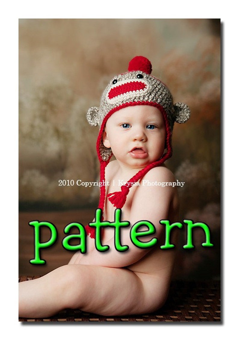 PDF Crochet Pattern, Sock Monkey Hat with Earflaps, Braids, and Pompom or Flower, Newborn to Teen Size, Sell What you Make image 1