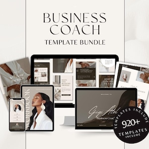 Peut inclure: Un ensemble de modèles de marketing numérique pour les coachs d'affaires. L'image montre un écran d'ordinateur portable avec une conception de site Web, un écran de téléphone avec un pack de bienvenue, un écran de tablette avec un classeur et un cercle noir avec le texte "920+ Modèles inclus".