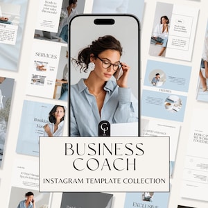 Puede incluir: Una colección de plantillas de Instagram para coaches de negocios. El diseño presenta a una mujer con gafas, rodeada de plantillas con texto e imágenes. Las plantillas tienen una combinación de colores azul claro y blanco, con el texto "Business Coach" y "Instagram Template Collection".