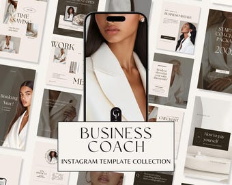 May include: A collection of Instagram templates for business coaches. The templates feature a minimalist aesthetic with a neutral color palette of white, beige, and brown. The text on the templates includes phrases like "Time Saving", "Booking Now", "Work With Me", "Business Mistake", "Start Coach Package", "Ready to Skyrocket Your Sales This Month", "Checklist", "How to Pay Yourself", and "Instagram Template Collection".