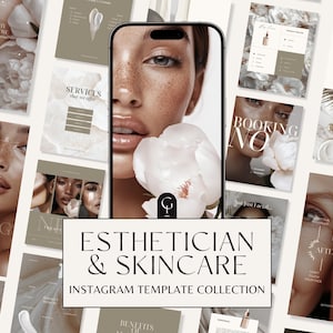 Peut inclure: Une collection de modèles Instagram pour les esthéticiennes et les professionnels des soins de la peau. Les modèles présentent une esthétique minimaliste avec une palette de couleurs neutres et des accents floraux. Le texte sur les modèles comprend "ESTHETICIAN & SKINCARE", "INSTAGRAM TEMPLATE COLLECTION", "SERVICES that we offer", "BOOKING NOW", "WIN CHOOSE", "BENEFITS OF", "SKINCARE checklist", "AFTERCARE", et "Your First Facial".