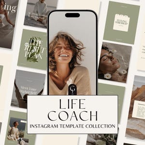 Op de afbeelding: Een verzameling Instagram-sjablonen voor life coaches. De afbeelding toont een lachende vrouw op een telefoonscherm, omringd door sjablonen met teksten als "Feeling Stressed?" en "Meet Your Higher Self". Het ontwerp heeft een neutraal kleurenpalet.