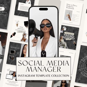 Può includere: Una collezione di modelli di social media per Instagram con una donna che tiene un megafono, uno sfondo in marmo bianco e nero e il testo "SOCIAL MEDIA MANAGER" e "INSTAGRAM TEMPLATE COLLECTION".
