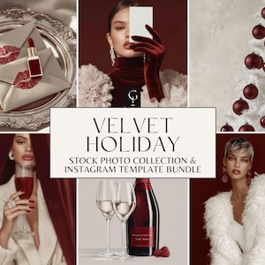 May include: A collection of images with a velvet holiday theme. The images include a lipstick, envelopes with red lip prints, a model holding a white card, a white Christmas tree with red baubles, a woman holding a champagne glass, and a bottle of wine with glasses.