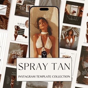 Könnte beinhalten: Eine Sammlung von Instagram-Vorlagen zum Thema Spray-Tanning. Das zentrale Bild zeigt eine Frau in einem weißen Bikini. Umgebende Bilder zeigen verschiedene Dienstleistungen und Angebote mit Textüberlagerungen wie "Spray Tan" und "Body Glow".