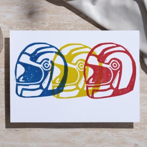 Caschi da moto in linoleografia A5 - Arte murale fatta a mano - Idea regalo per la festa del papà