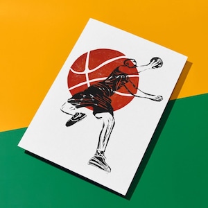 Linoleografia A5 con giocatore di basket - Arte murale fatta a mano - Idea regalo per la festa del papà