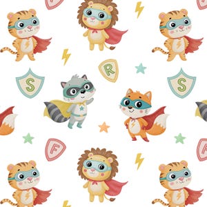 Superhero Animals Seamless Pattern, Cute Cartoon Boys Nursery Fabric, Kids Superhero Decor Digital Paper