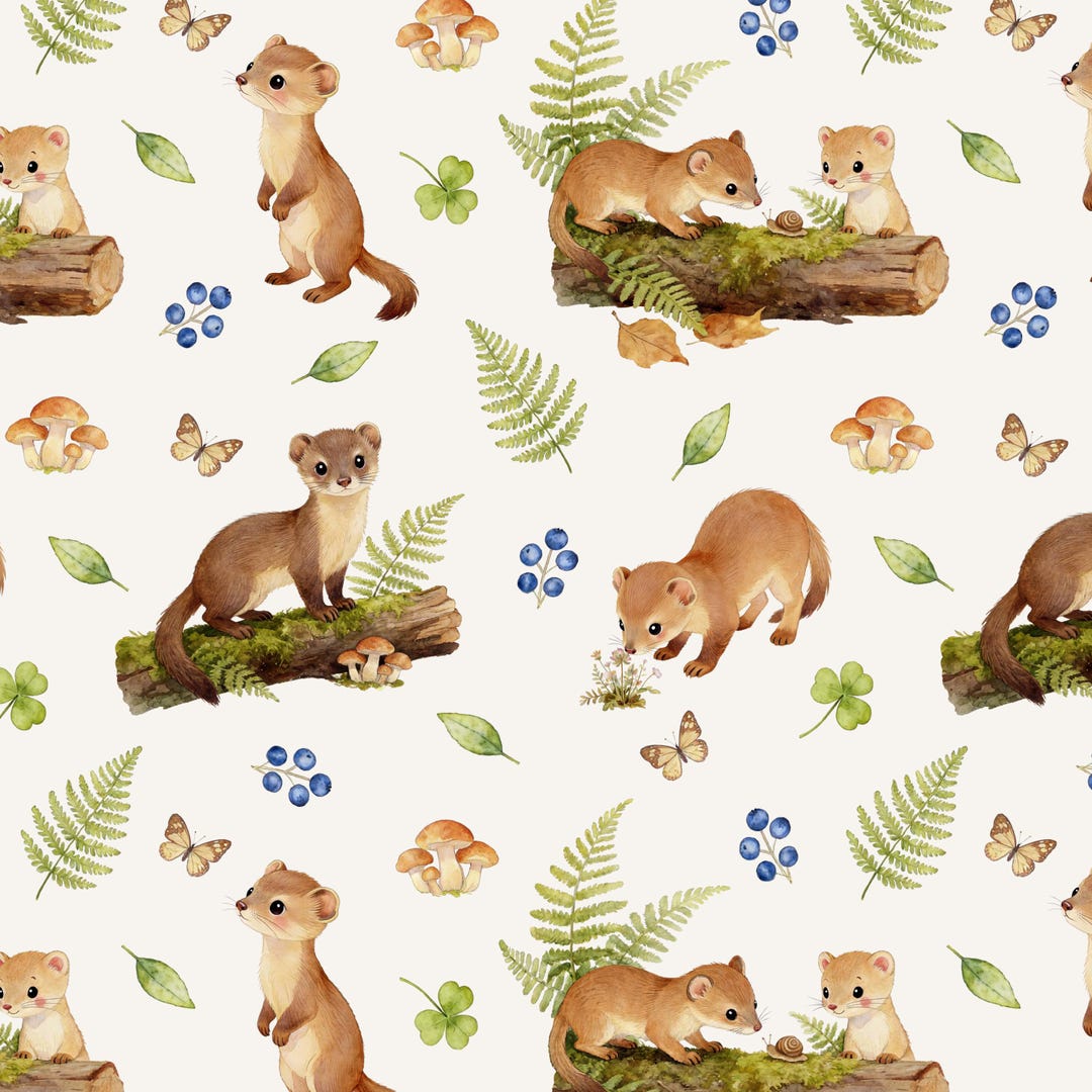 Woodland Ferret Seamless Pattern, Forest Animal Fabric Design ...