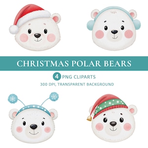 Christmas Polar Bear Clipart Set, Cute Winter Bear PNG, Holiday Animal Clip Art, Christmas Kids Illustration, Arctic Bear Digital Download