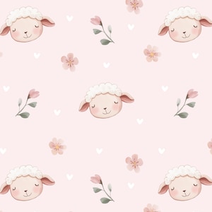 May include: A repeating pattern of adorable sheep faces, pink flowers, and white hearts on a soft pink background. The sheep have fluffy white wool, pink ears, and closed eyes. The flowers are a delicate pink with green stems.