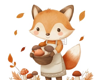 Autumn Fox PNG Clipart, Woodland Animal Art for Nursery Crafts, Digital Download