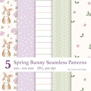 以下が含まれることがあります： 春をテーマにした5つのシームレスパターン。パターンには、ウサギ、水玉模様、ストライプ、シェブロン、パステルカラーの花柄のデザインが含まれています。画像には「5 Spring Bunny Seamless Patterns」というテキストと200 x 200 mmの寸法が含まれています。