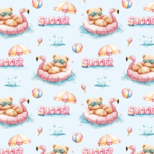 May include: A repeating pattern featuring teddy bears wearing sunglasses, floating on pink flamingo pool floats. The word "SUMMER" is displayed in pink bubble letters, along with beach balls, ice cream cones, and umbrellas, all on a light blue background.