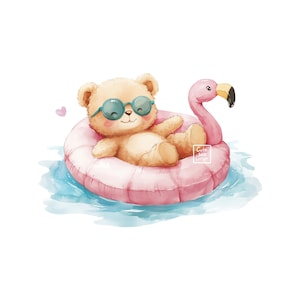 May include: A watercolour illustration of a teddy bear wearing blue sunglasses, relaxing on a pink flamingo-shaped inflatable float in blue water. A small pink heart floats nearby. The image has a cute, summery theme.
