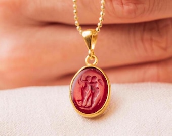 Enamel Intaglio Greek Angel Pendant: 24K Gold Vermeil, Sterling Silver