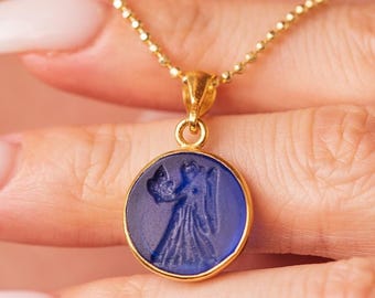 Enamel Intaglio Greek Angel Pendant: 925K Sterling Silver, 24K Gold Vermeil