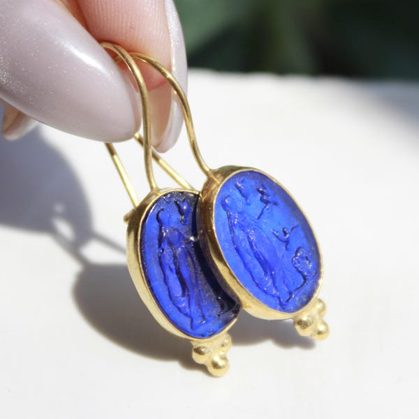 Enamel Intaglio Earrings: 925K Sterling Silver, 24K Gold Vermeil