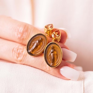 Enamel Intaglio Virgin Mary Earring Jewelry - 925K Solid Sterling Silver - 24K gold elektro vermeil - Gift For Her