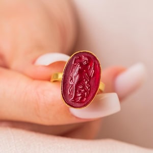 Handmade Enamel Artemis intaglio ring  Silver Jewelry, 24K gold over 925k Solid Silver, Gift For Her, handmade ring