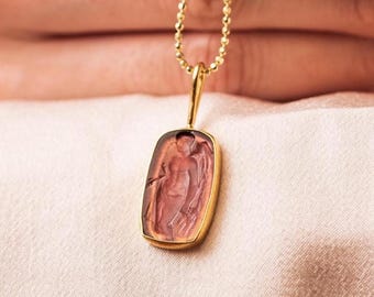 Handmade Enamel Nike Goddess Intaglio Necklace - 24K Gold Over Sterling Silver